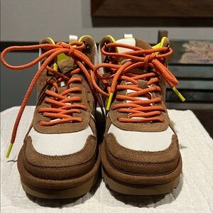 UGG Brown and White Sneakers with Neon Orange Laces
